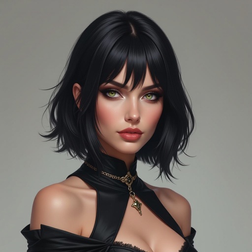Show character head to toe. Create a mid age fantasy woman jet-black hair is cut sharpand her eyes seem to pierce through darkness. A shadowy aura clings to her form,