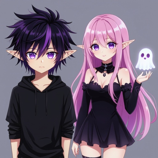 Anime boy, emo, black and purple streaks in hair, elf ears, glowing purple eyes. Anime  girl with long pink hair, curves, ghost outfit, glowing eyes. Two people 