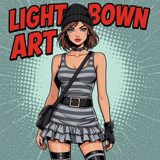 Light Brown Short Hair Babe Striped gray tank dress with ruffled mini-skirt, thigh-high socks, chunky black buckle boots, black beanie, and cross-body bag — casual goth-punk streetwear.