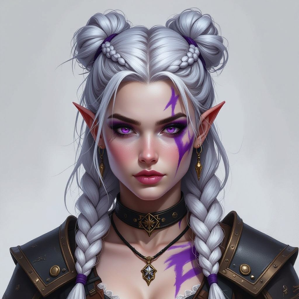 A female Goliath dnd character who has white messy battle buns down the middle and long flowing hair with a few small braids and fair pale porcelain skin with purple streaks across her face and body and deep violet purple eyes