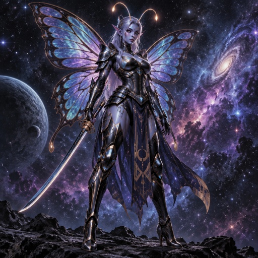 A gorgeous alien butterfly woman in a futuristic space samurai armor. Show whole body. 