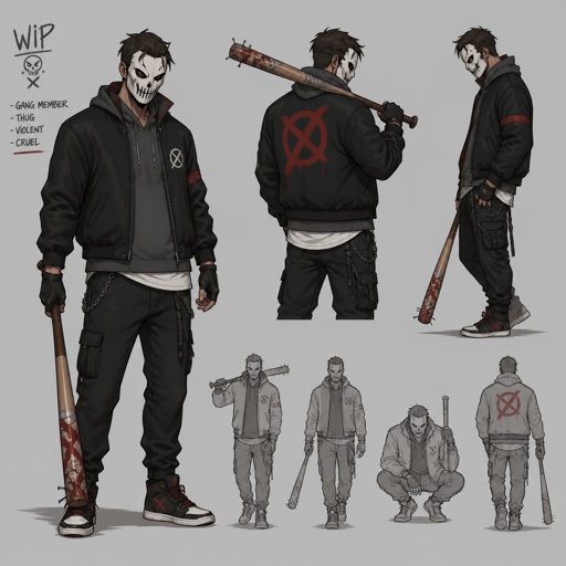 Male Villian, mask, gang member, uses a bat, wip, multiple of the same character 