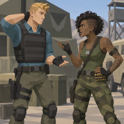 Male, short messy blonde hair, brushed side hair, hair in middle of forehead, smiling, cyan shirt, plain flat bulletproof vest, fingerless gloves, knee pads, belt with gun, Female, African American, curly half shaved short hair, green tank top, camo pants, belt with bullets, fingerless gloves, dog tags, belt across chest, arm strap, tattoos, arguing 