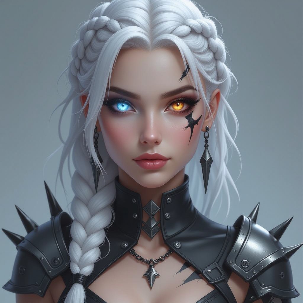 Tall 6,5 woman with sharp features, white mid-length loose and messy braided hair with black streaks. Her right eye is a bright glowing ice blue and her left eye is a bright glowing amber auburn and she had a smooth clean scar through her left eye. She had silver and black scale patches on the right side of her chest that speed up the right side of her neck and part of her face and down part of her right arm. She has heavy metallic arm pieces which fold tiny, black metal spike knives She has metal shoulder plates and guard around her shoulder, but an open chest until her breast (she is fully covered)  