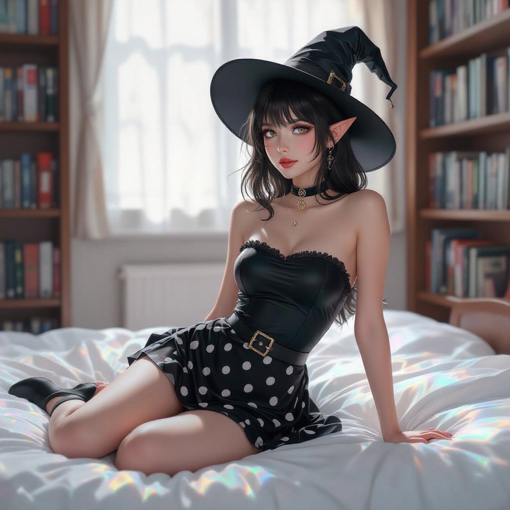 Dark Brunette Elf Witch Librariani with With Hat. Strapless Bathing Suit Top and Black and white Polka Dot Mini Pencil Skirt laying on Library Bed