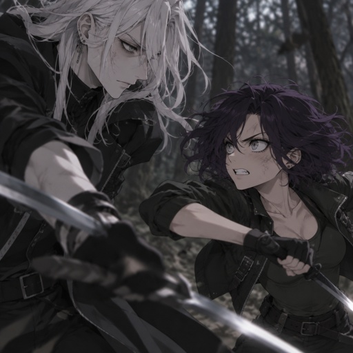 Anime style, male, name kai, highly skilled in fighting all fighting styles and weapons, long long white hair half in face, dark bags, white skin,earrings, history unknown, Female, name is Beth, medium wavy dark purple hair, gray eyes, short, open jacket with a dark green shirt, she is a Bounty Hunter for hire, there fighting in the woods looking at each other Beth with and angry face and Kai with a serious face both are glaring,Beth is a agents 