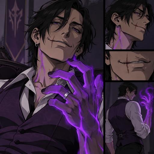 Male, black messy hair, side bangs, back hair, scar on upper and lower lip, ear piercing ring, mid 40s, slim, glowing purple hands, purple glowing veins, smiling, bad guy, purple vest, white shirt, wedding ring