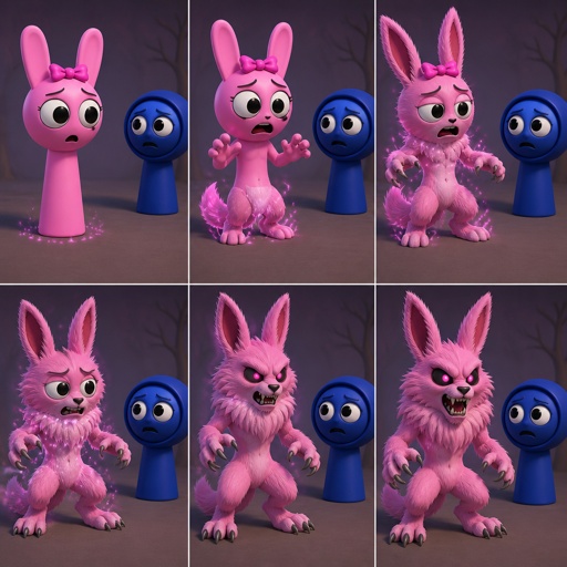 Pinki from sprunki starting to turn into her kind Wererabbit self in front of Jevin from sprunki with her legs and tail transforming and then her arms and then her ears and her neck gets fluffy and then she’s fully transformed with her eyes being black and pink