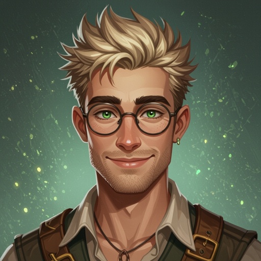 Młody chłopak. Człowiek. Włosy obcięte na jeżyka z widocznymi zakolami Włosy jasne. Krótkie włosy. Delikatny zarost. Oczy ciemnozielone. Delikatnie orli nos. Wąskie usta. Wąska szczęka. Smukła twarz. Chuda twarz. Duże okulary korekcyjne z wąskimi oprawkami. Uśmiechnięty. Ubrany w koszule. Postura lekko muskularna. 