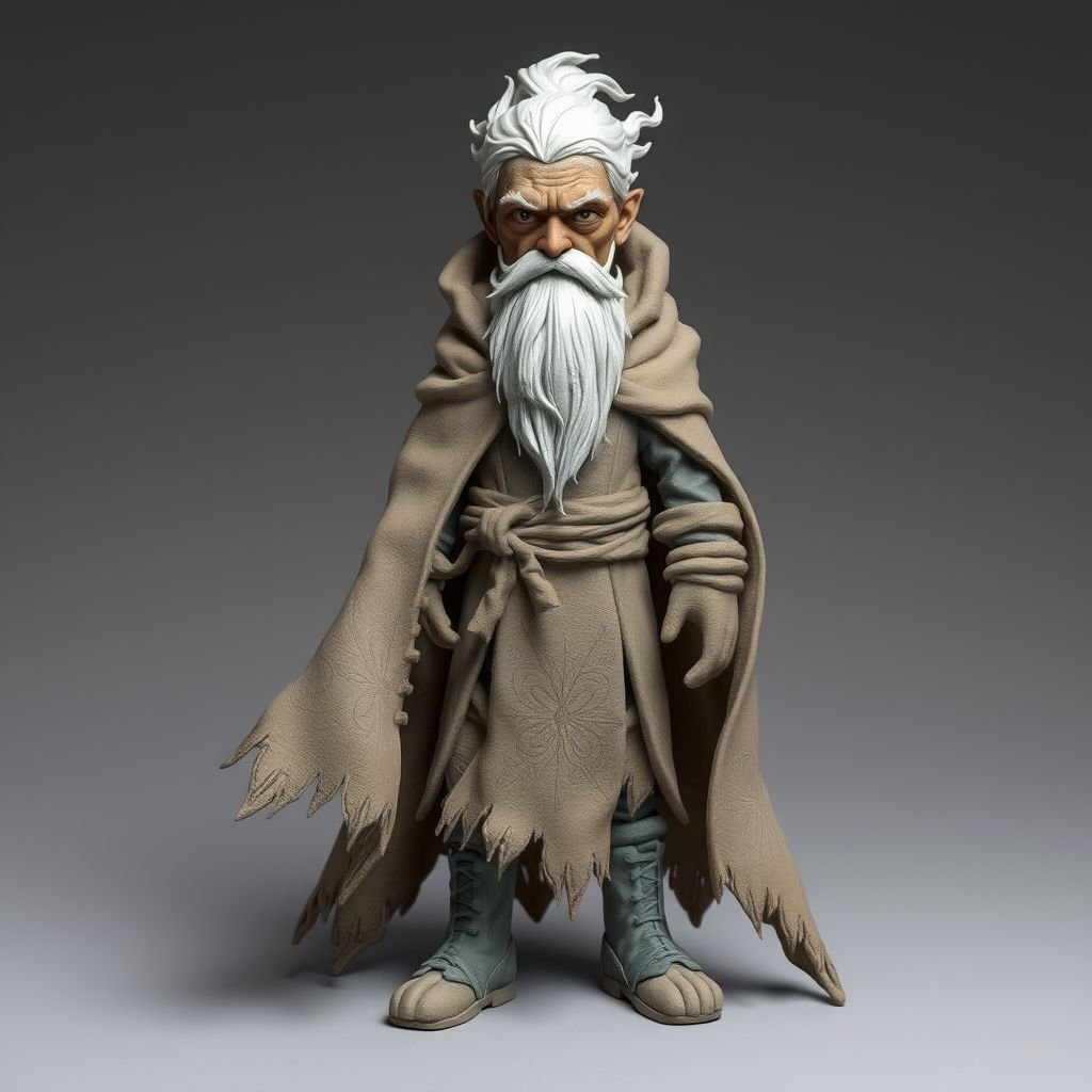Create old aged character: The Silver-Eyed Wanderer – A tall, long beard hooded androgynous figure with hair that white. piercing silver eyes seem to see both past and present at once. a long, tattered cloak covered in stitched symbols from lands unknown. Show her whole body head to toe including her shoes.
