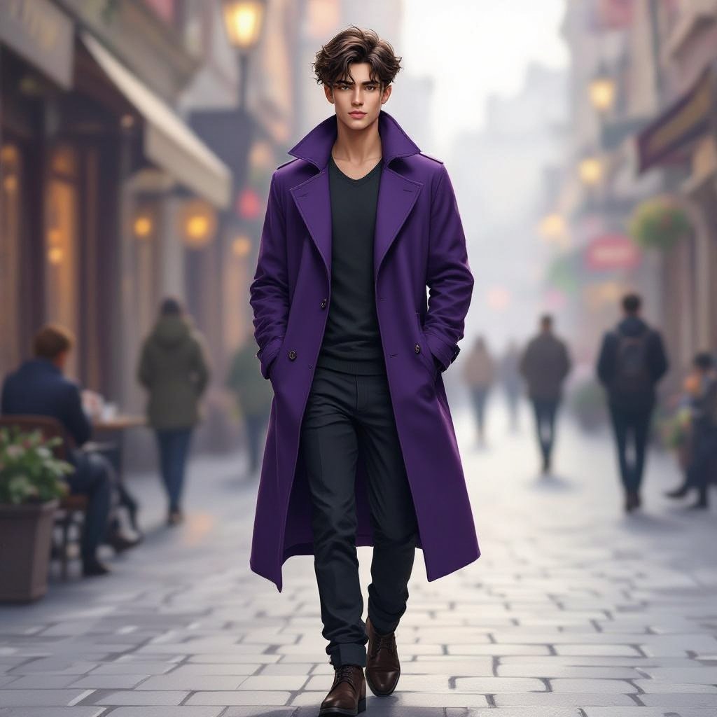 Male 17-year old Dark hair with greenish bluish eyes wears purple longcoat 