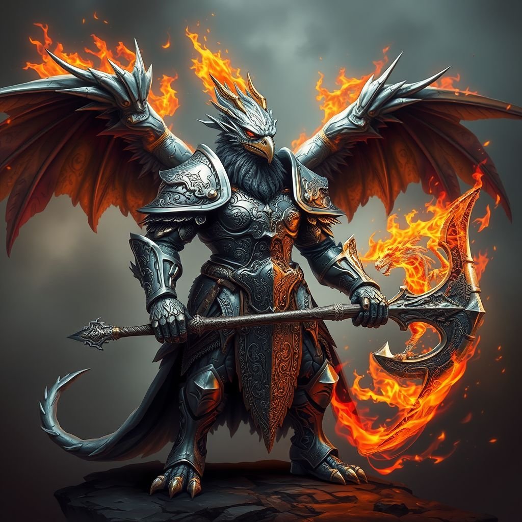 Metal bird humanoid barbarian silver fire dragon
