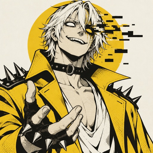 Male, slim, cheekbones, white hair, smooth on top spiky on the bottom, neck length, white eyes, yellow trench coat, metal spike shoulder pads, black choker, low cut white shirt, fingerless gloves with spikes, insane smile, glitch powers, one missing glitchy eye,