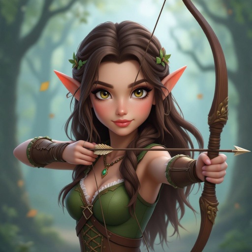 Women tree elf with long brown hair and brown eyes in the woods in a Halloween costume holding a long bow and a dragon 
