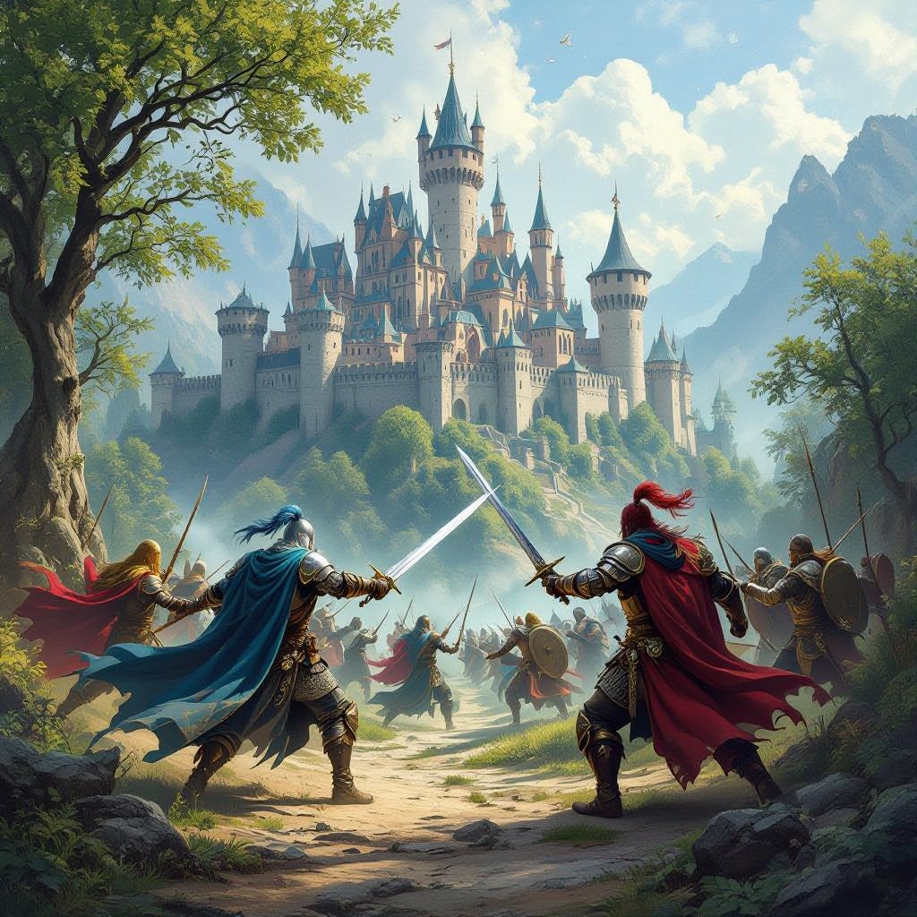 A historical world with kingdoms with some men having swords drawn