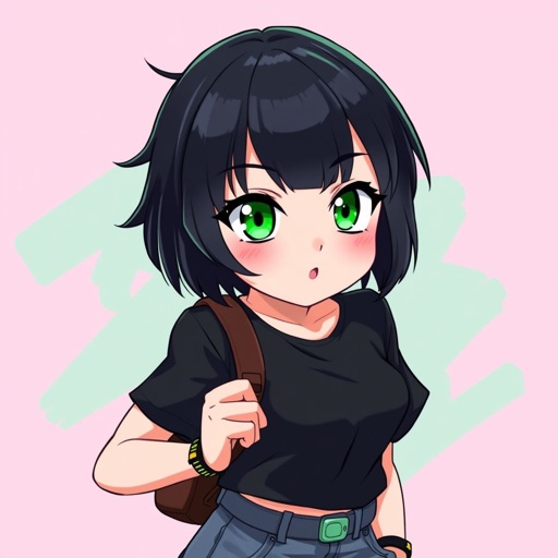 Short black hair. Jade green eyes. A black shirt. Tomboyish. 13 years old