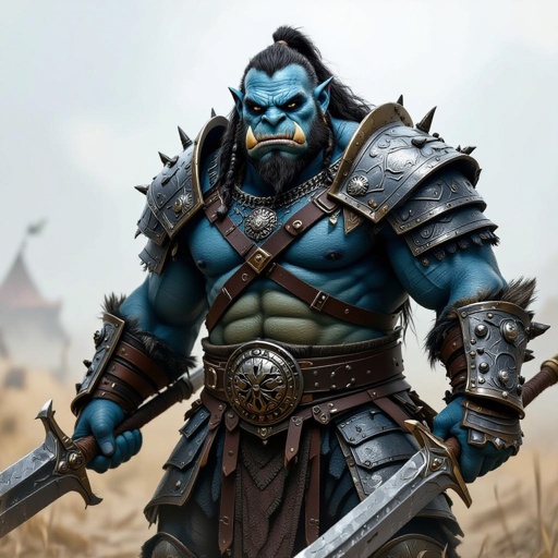 ogre with heavy chain mail armor, blue skin