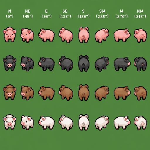 Farm Pig for a fantasy game set in modern times, top-down style, 360, different colors