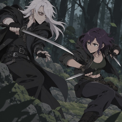 Anime style, male, name kai, highly skilled in fighting all fighting styles and weapons, long white hair half in face, dark bags,white skin,earrings, history unknown, Female, name is Beth,medium wavy dark purple hair, gray eyes, short, open jacket with a dark green shirt, she is a Bounty Hunter for hire, there in the woods, fight