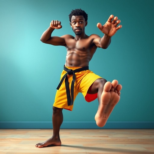 Create a character who looks like a funny African karate guy who doesn’t have a clue what he is doing. Make him have weird toes, only speedos on and a black karate belt. Make him tal skinny and slinky.