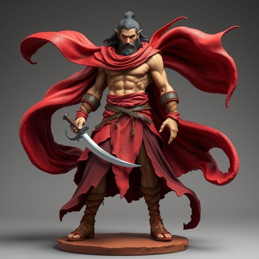 Create handsome hero  Rhen the Fire – A lean, muscular man. He wears layered, flowing desert robes dyed in warm reds and golds, with scorch marks where flames have licked them. A curved blade hangs at his hip.  Show whole body head to toe including her shoes.