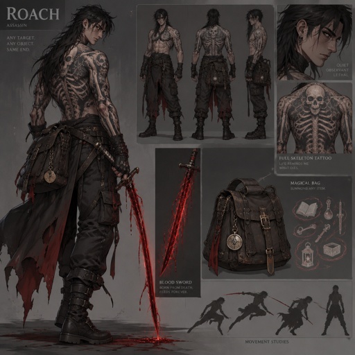 assassin name roach, long mullet, sword made of blood, full skeleton tattoo, bag of tricks can hold any amount of item able to summon 