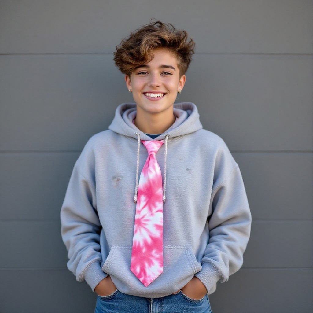 Eccentric non binary 18 year old In jeans a Hoodie and pink tie die t shirt