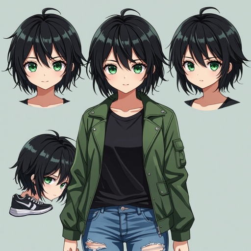 Short black hair. Jade green eyes. Black t-shirt. Green jacket. Torn jeans. Sport shoes. 13 years old girl.