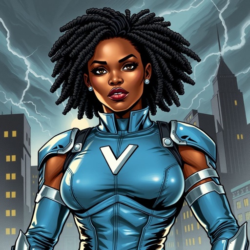 African American female superhero with locs in a shoulder length style wearing a leather slightly armored light blue and silver suit with light blue pants and silver boots and a V as her chest emblem standing in Philadelphia during a storm