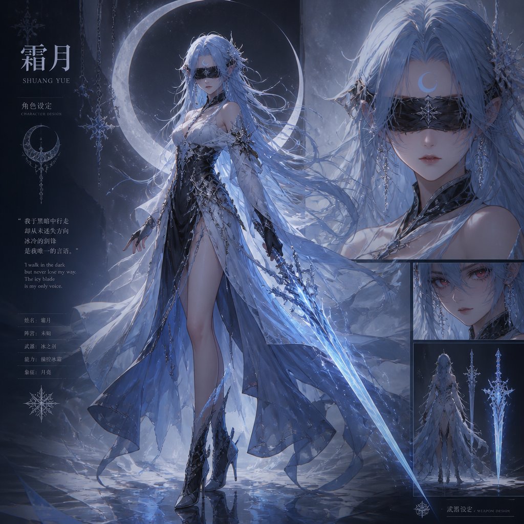 female blind fold light blue hair red eyes moon mark and ice sword