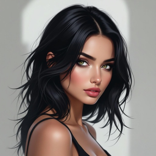 Show character head to toe. Create mysterious woman jet-black hair is cut sharpand her eyes seem to pierce through darkness. A shadowy aura clings to her form,