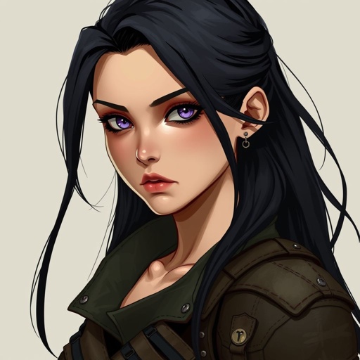 Fallout type gear Girl with jet black long hair with dark purple eyes that glow and black eye shadow and black