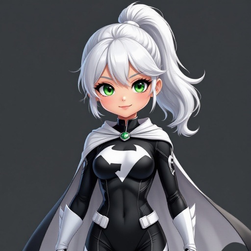Girl. Superhero. Wearing black and white suit with cape. White hair tied back in a half ponytail. Large Green eyes. Short and strong build.