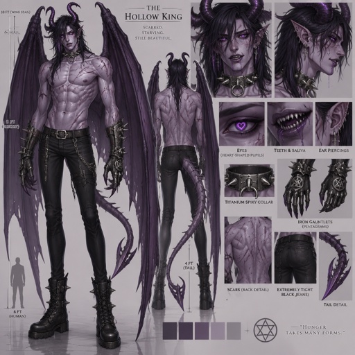 has a six pack is 8 feet tall eyes are purple and pupils are heart shaped. His nipples are heart shaped. His nipples are pierced. Ears pierced. Ears are slightly pointed has clause They are purple is wearing extremely tight, black jeans, showing a visible bulge has scars all over his body is wearing iron gauntlets with pentagrams on them has purple saliva dripping from his mouth has sharp teeth has extremely dark purple demon, wings, demon horns and demon tail. His demon tail is 4 feet long. His demon horns are 8 inches long and his demon wings are 10 feet wide. He looks extremely slim and slightly malnourished has a very pale purple color to his skin that you can barely tell that it’s slightly purple is wearing no shirt and has a spiky collar made out of titanium around his neck. he has long hair.