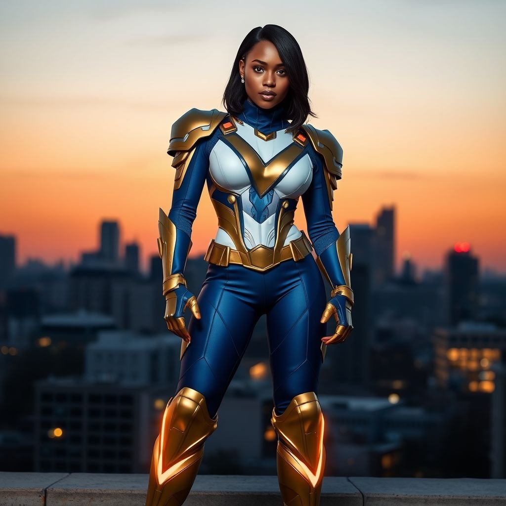 African American female superhero with shoulder length hair in a side part style and  wearing a slightly armored homemade  white blue and gold suit with blue pants with a stylized V as her chest emblem wearing gold flat boots made of gold standing in Philadelphia at dusk