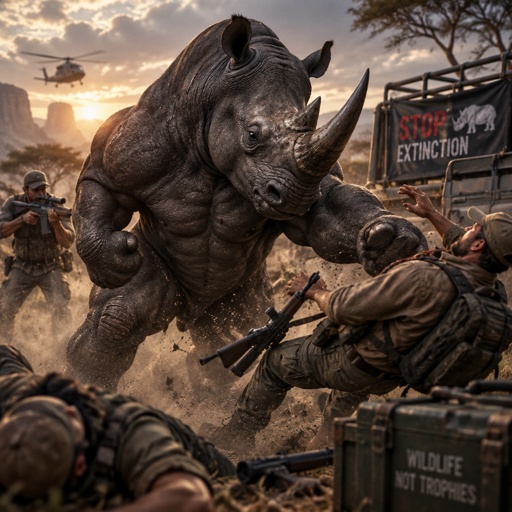 Black Rhino, muscular warrior fighting against poachers, hunters to stop extinction.