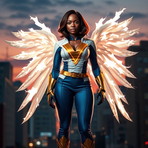 African American female superhero with shoulder length hair in a side part style and wings made of white fire wearing a slightly homemade white blue and gold suit with blue pants with a stylized V as her chest emblem wearing gold flat boots made of gold standing in Philadelphia at dusk