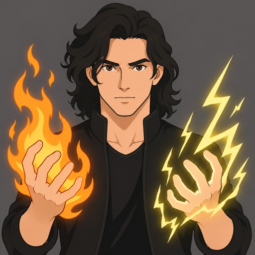 Male,black hair shoulder length slightly curled top head has a bigger up on right side the left,brown eyes,white skin,has power of fire and lighting 