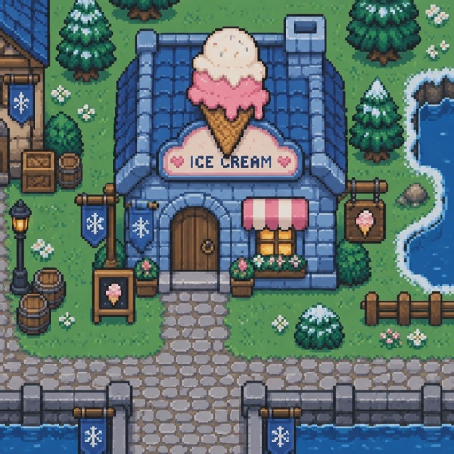 Ice cream shop for a modern fantasy game, exterior, top down style