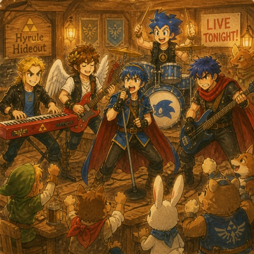 Super smash brothers link from legend of Zelda, pit from kid Icarus, Marth from fire emblem, Ike from fire emblem, Sonic as a human from sonic the hedgehog . There in a band, Marth singer really loud ,pit playing the guitar closing his eyes very happy ,Ike playing the bass with aggressive face expression, Sonic the hedgehog as a human playing the drums grinning,link playing the electric piano smiling intense eyebrows, there singing in a bar, there all wearing rock and roll clothes lots of cheering all aggressively singing awesome rock music 