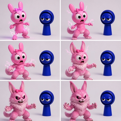 Pinki from sprunki starting to turn into her kind Wererabbit self in front of Jevin from sprunki with her legs and tail transforming and then her arms and then her ears and her neck gets fluffy and then she’s fully transformed with her eyes being black and pink