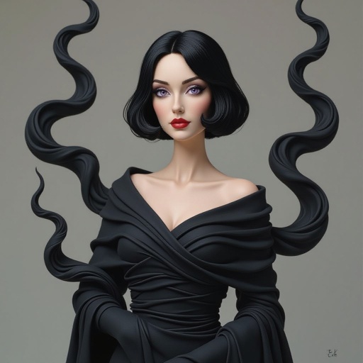 Create A lithe, mysterious woman draped in layered black silks that move like smoke around her. Her jet-black hair is cut sharp to her jawline, and her violet eyes seem to pierce through darkness.