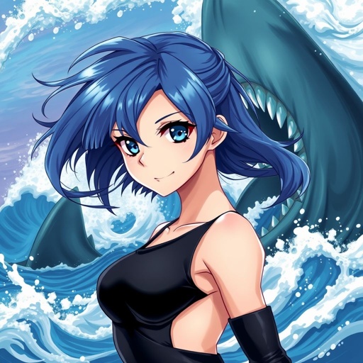 Background is the ocean we out a shark fin on it. Girl has blue eyes blue hair and a black outfit