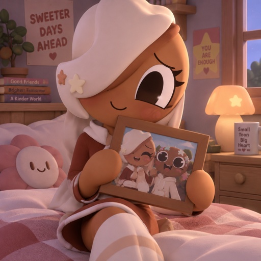 Ginger from Dandys world in her room holding a picture of her and her cousin Cosmo from Dandys world