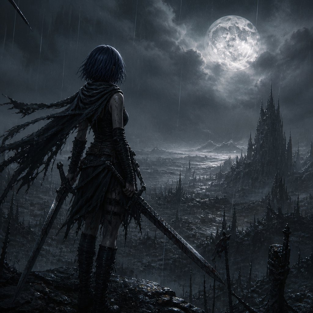 girl with long bob dark blue hair scarf two swords looking at the moon in the rain