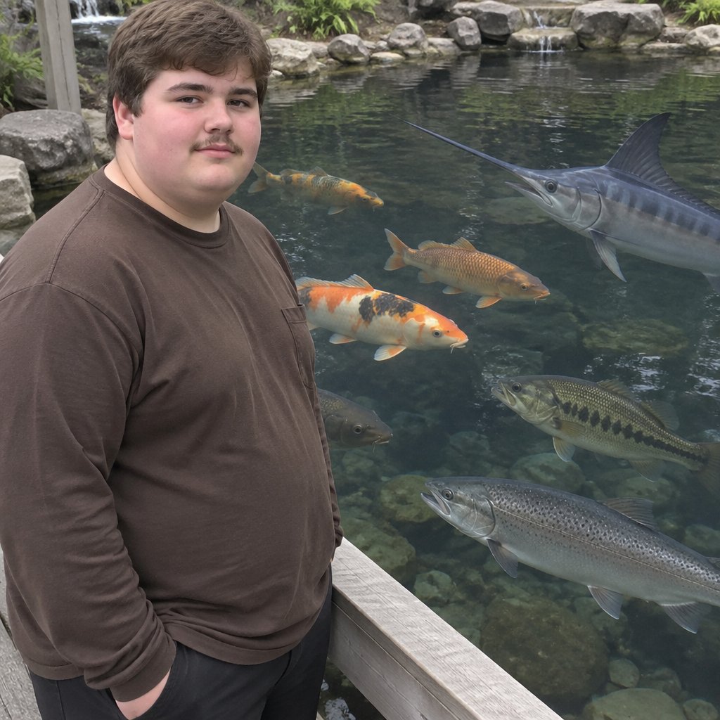 Carp Fish, Swordfish, Bass Fish, Salmon Fish, Brown Long Sleeves Shirt, Fat Human, Male, Teen Boy, Brown Hair, Pencil Mustache