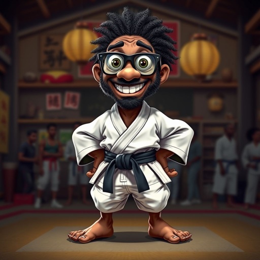 Create a character who looks like a funny African karate guy who doesn’t have a clue what he is doing. Make him have weird toes, only speedos on and a black karate belt.