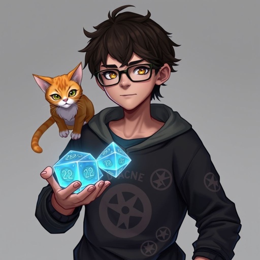 Guy with short dark brown hair with black sweatshirt. He has 1 orange cat on his right shoulder. He holds 2 epic looking 20 sides dice in left hand