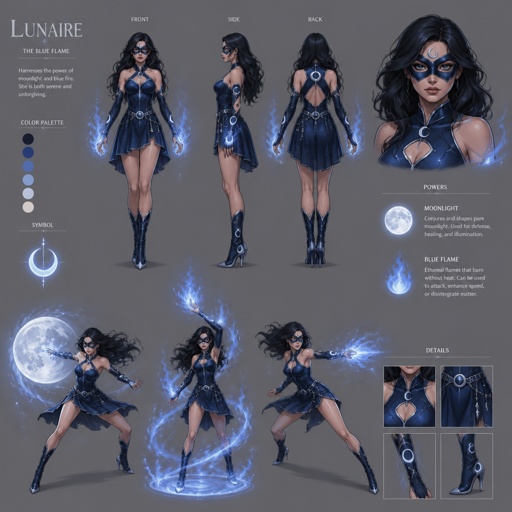 Female superhero with blue fire and moon light abilities, short dress, mask, multiple of the same character