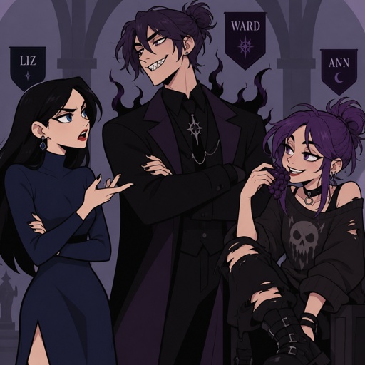 Three siblings, Female name Liz, oldest, tale, pale, beautiful, very call expression, mysterious, black hair long curtain bangs style, bright blue eyes, wearing a dark blue long turtleneck dress, high heels, eye liner,dark eye shadow,red lips, wearing jewelry, Anime style, Agent Ward male, middle child, made to be a weapon, highly skilled, emergency backup case he gets out of control, hair violet messy bun, clean shaven, night vision eyes no goggles, sharp teeth, dark power, tall, intimidating, big grin, he's used as an emergence backup weapon, Female Ann, youngest sibling, medium hight pale, tan, blue eyes, vivid purple dim hair in a messy bun her front hair is swooped down in her right side, mischievous smile, rebel/ grunge clothe style,Liz arguing with ward,Ann eating grapes while waiting for argument to end 